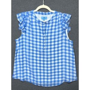 CeCe Blue White Gingham Clip Dot Ruffle Sleeve Blouse Top Large L Split Neck